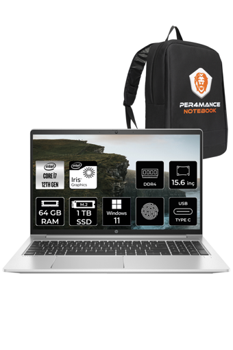 HP Probook 450 G9 6S6X1EA Dahili Intel Iris Xe Graphics Eligible Intel Core i7 1255U 64 GB Ram 1 TB SSD 15.6 inç Full HD Windows 11 Home Laptop + PER4 Çanta