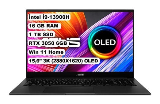 Asus Creator Q540VJ I93050 Harici GeForce RTX 3050 Intel Core i9 13900H 16 GB Ram 1 TB SSD 15.6 inç Full HD Windows 11 Home Oyuncu Laptop