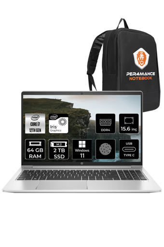 HP Probook 450 G9 6S6X1EA Dahili Intel Iris Xe Graphics Eligible Intel Core i7 1255U 64 GB Ram 2 TB SSD 15.6 inç Full HD Windows 11 Pro Laptop + PER4 Çanta