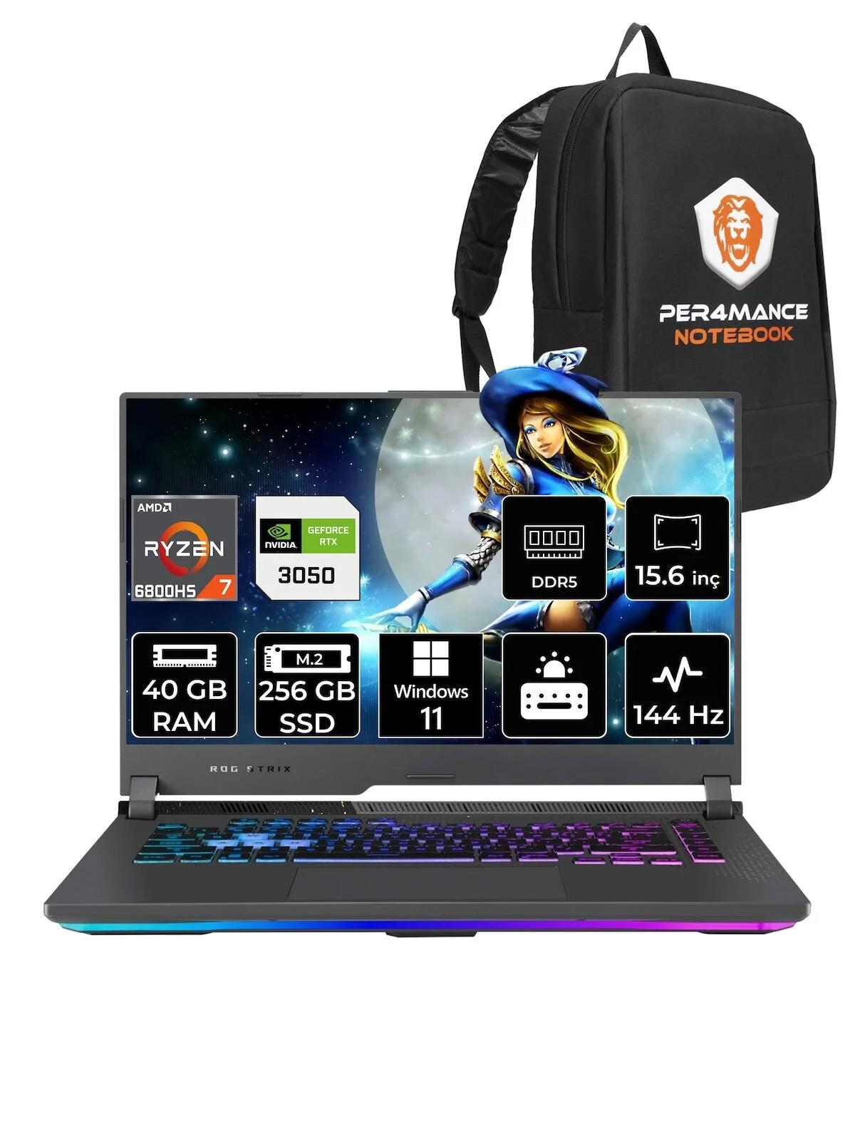 Asus ROG Strix G15 HN194 Harici GeForce RTX 3050 AMD Ryzen 7 6800H 40 GB Ram 256 GB SSD 15.6 inç Full HD Windows 11 Pro Oyuncu Laptop + PER4 Çanta