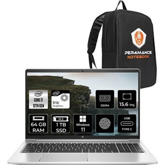 HP Probook 450 G10 6S6X1EAP398 Dahili Intel Iris Xe Graphics Eligible Intel Core i7 1255U 64 GB Ram 1 TB SSD 15.6 inç Full HD Windows 11 Home Laptop + PER4 Çanta