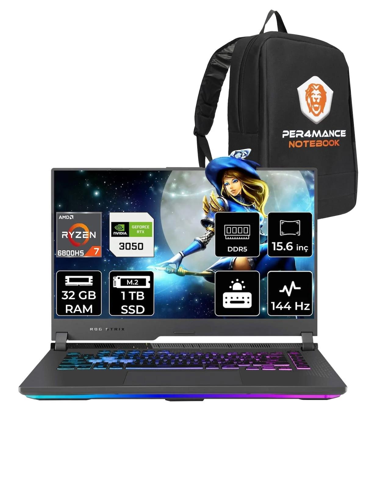 Asus ROG Strix G15 HN193 Harici GeForce RTX 3050 AMD Ryzen 7 6800H 34 GB Ram 1 TB SSD 15.6 inç Full HD FreeDos Oyuncu Laptop + PER4 Çanta