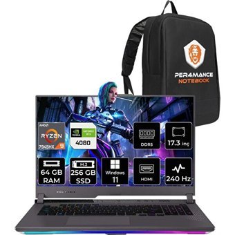 Asus ROG Strix Scar 17 LL065P371 LL065 Harici GeForce RTX 4080 AMD Ryzen 9 7945HX 64 GB Ram 256 GB SSD 17.3 inç QHD Windows 11 Home Oyuncu Laptop + PER4 Çanta