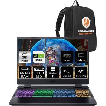 Acer Nitro 5 AN515-58 NHQGAEYP372 Harici GeForce RTX 3070 Intel Core i7 12700H 64 GB Ram 512 GB SSD 15.6 inç Full HD Windows 11 Home Oyuncu Laptop + PER4 Çanta