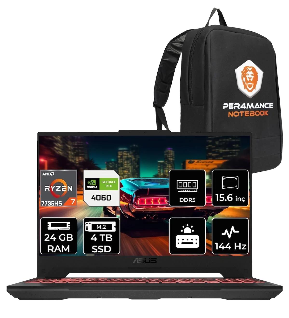 Asus TUF Gaming A15 LP037 Harici GeForce RTX 4060 AMD Ryzen 7 7735HS 24 GB Ram 4 TB SSD 15.6 inç Full HD FreeDos Oyuncu Laptop + PER4 Çanta