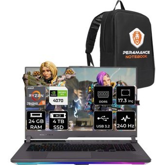 Asus ROG Strix G17 LL080P315 LL080 Harici GeForce RTX 4070 AMD Ryzen 9 7845HX 24 GB Ram 4 TB SSD 17.3 inç QHD FreeDos Oyuncu Laptop + PER4 Çanta