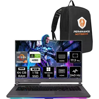 Asus ROG Strix Scar 17 LL062P373 LL062 Harici GeForce RTX 4080 AMD Ryzen 9 7945HX 64 GB Ram 1 TB SSD 17.3 inç QHD Windows 11 Home Oyuncu Laptop + PER4 Çanta