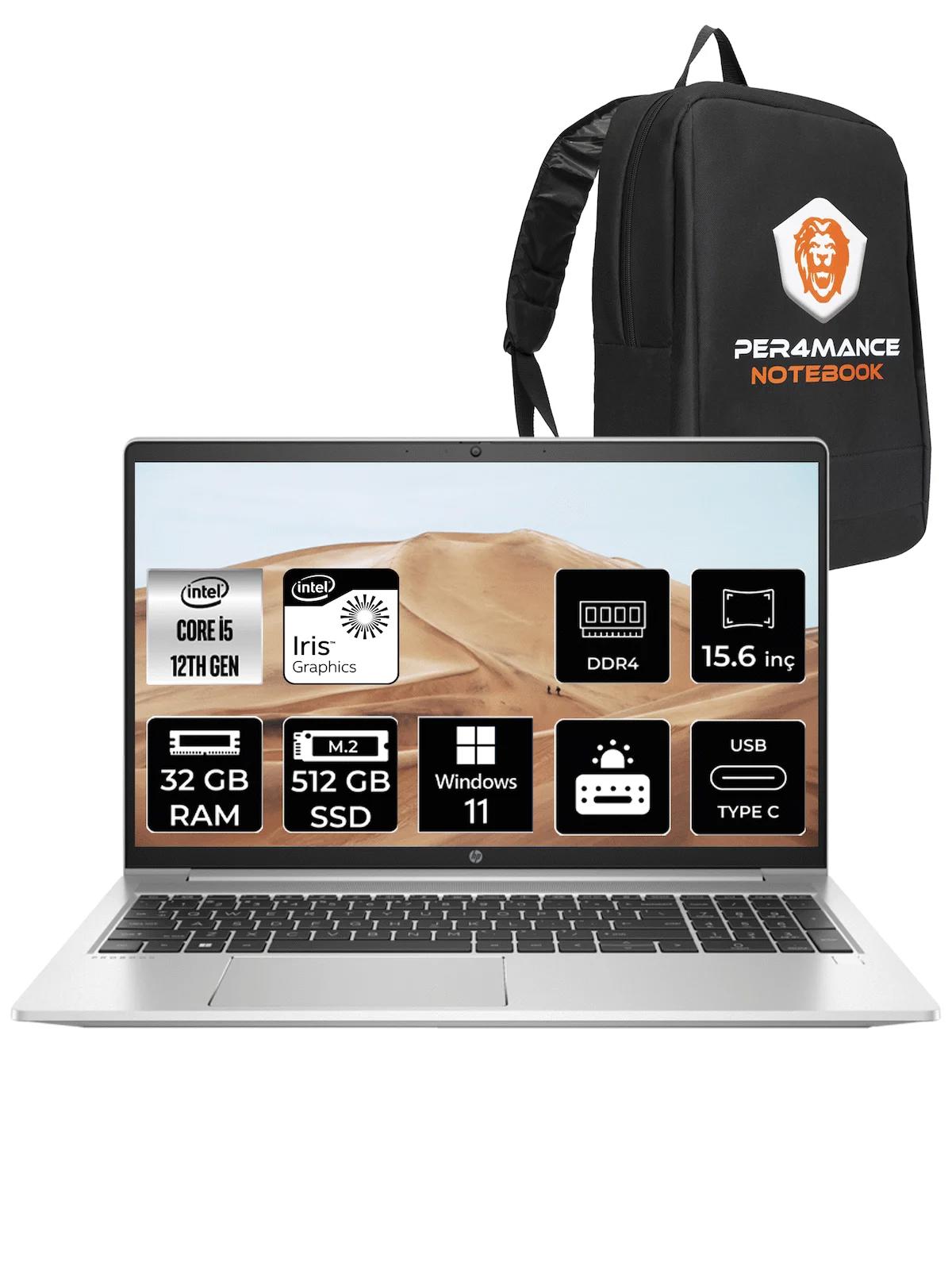 HP Probook 450 G9 6A178EA Dahili Intel Iris Xe Graphics Eligible Intel Core i5 1235U 32 GB Ram 512 GB SSD 15.6 inç Full HD Windows 11 Pro Laptop + PER4 Çanta