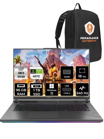 Asus ROG Strix G18 N6092 Harici GeForce RTX 4080 Intel Core i9 14900HX 96 GB Ram 1 TB SSD 18 inç Full HD Windows 11 Pro Oyuncu Laptop + PER4 Çanta