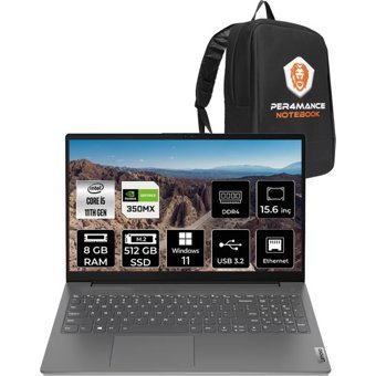 Lenovo V15 82KB00GQTX186 Harici GeForce MX350 Intel Core i5 1135G7 8 GB Ram 512 GB SSD 15.6 inç Full HD Windows 11 Home Laptop + PER4 Çanta