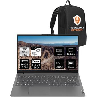 Lenovo V15 82KB00CDTX169 Dahili Intel Iris Xe Graphics Intel Core i7 1165G7 16 GB Ram 512 GB SSD 15.6 inç Full HD FreeDos Laptop + PER4 Çanta