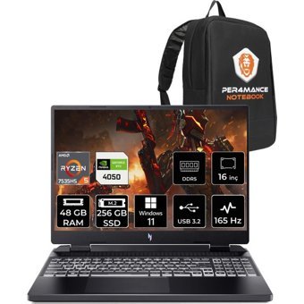 Acer Nitro 16 AN16-41 NHQKBEYP366 Harici GeForce RTX 4050 AMD Ryzen 5 7535HS 48 GB Ram 256 GB SSD 16 inç Full HD Windows 11 Home Oyuncu Laptop + PER4 Çanta