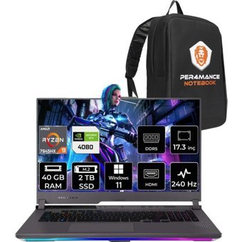 Asus ROG Strix Scar 17 LL065P364 LL065 Harici GeForce RTX 4080 AMD Ryzen 9 7945HX 40 GB Ram 2 TB SSD 17.3 inç QHD Windows 11 Home Oyuncu Laptop + PER4 Çanta