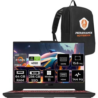 Asus TUF Gaming A15 LP030 LP030P371 Harici GeForce RTX 4050 AMD Ryzen 7 7735HS 64 GB Ram 256 GB SSD 15.6 inç Full HD Windows 11 Home Oyuncu Laptop + PER4 Çanta