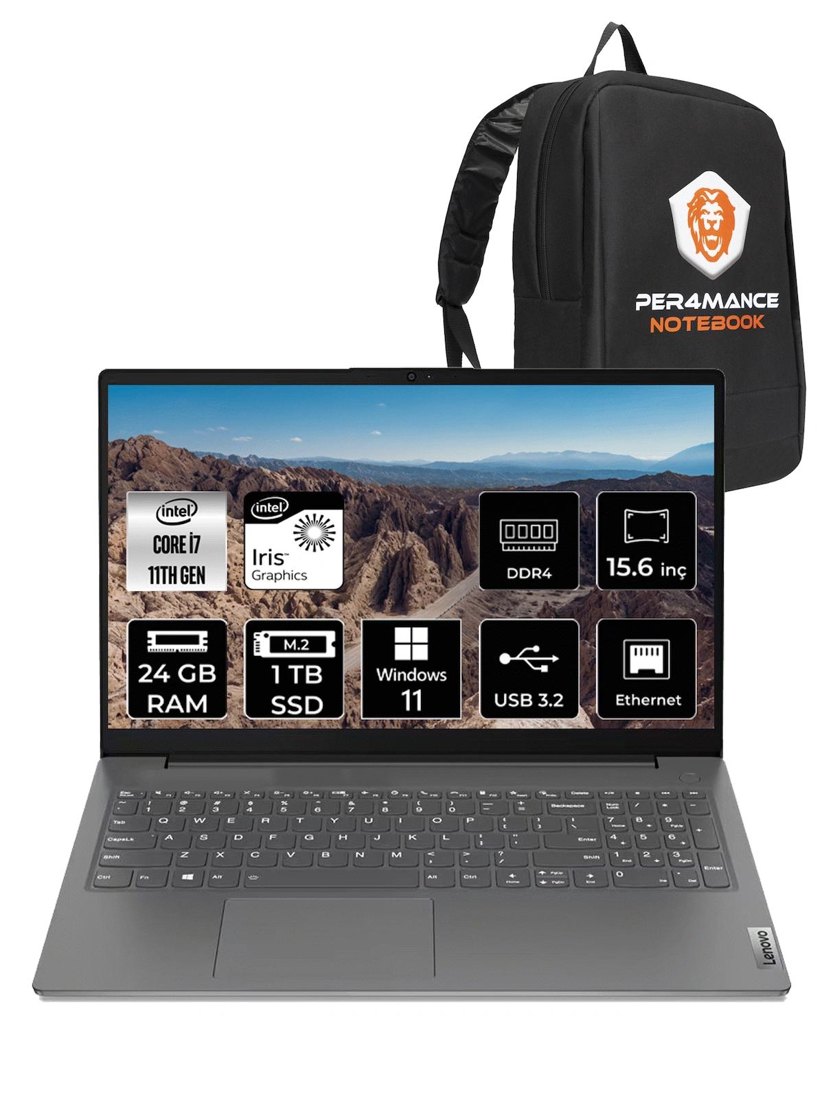 Lenovo V15 82KB00CDTX Dahili Intel Iris Xe Graphics Intel Core i7 1165G7 24 GB Ram 1 TB SSD 15.6 inç Full HD Windows 11 Home Laptop + PER4 Çanta