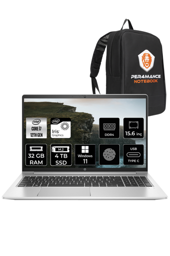 HP Probook 450 G9 6S6X1EA Dahili Intel Iris Xe Graphics Eligible Intel Core i7 1255U 32 GB Ram 4 TB SSD 15.6 inç Full HD Windows 11 Home Laptop + PER4 Çanta