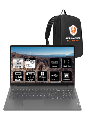 Lenovo V15 82KB00CDTX Dahili Intel Iris Xe Graphics Intel Core i7 1165G7 16 GB Ram 2 TB SSD 15.6 inç Full HD Windows 11 Home Laptop + Çanta