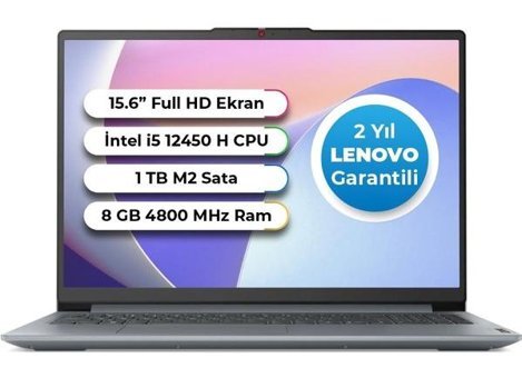 Lenovo IdeaPad 3 Slim CASE 83ER00AWTR Dahili Intel UHD Graphics Intel Core i5 12450H 8 GB Ram 1 TB SSD 15.6 inç Full HD FreeDos Laptop