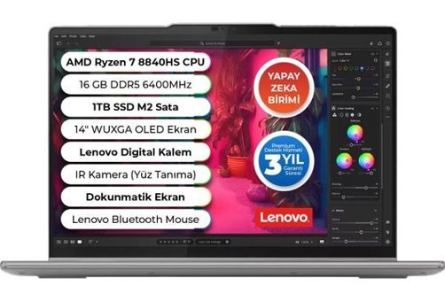 Lenovo Yoga 7 83DK005PTR Dahili AMD Radeon 780M AMD Ryzen 7 8840HS 16 GB Ram 1 TB SSD 16 inç Full HD FreeDos Dokunmatik 2'Si 1 Arada
