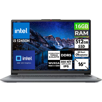 Lenovo IdeaPad Slim 3 16IAH8 83ES002HTR BT9 Dahili Intel UHD Graphics Intel Core i5 12450H 16 GB Ram 512 GB SSD 16 inç Full HD FreeDos Laptop