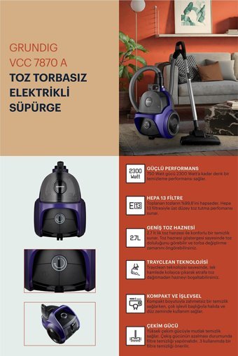 Grundig VCC 7870 750 W Hepa Filtreli 2.7 lt Kapasiteli Toz Torbasız Süpürge Mor