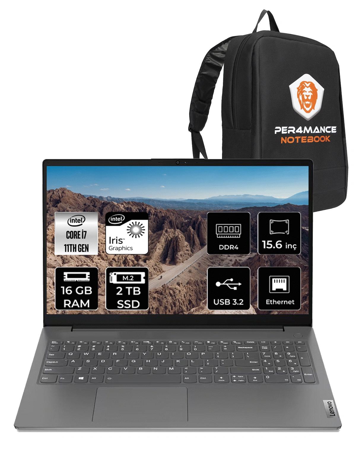 Lenovo V15 82KB00CDTX Dahili Intel Iris Xe Graphics Intel Core i7 1165G7 16 GB Ram 2 TB SSD 15.6 inç Full HD FreeDos Laptop + PER4 Çanta