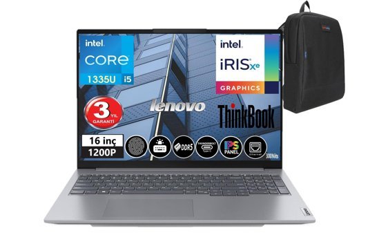 Lenovo Thinkbook 16 21KH001ETR Zİ722 Dahili Intel Iris Xe Graphics Eligible Intel Core i5 1335U 64 GB DDR5 Ram 512 GB SSD 16 inç Full HD Windows 11 Pro Laptop + Zetta Çanta