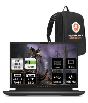 Dell Alienware M16 Harici GeForce RTX 4060 Intel Core i7 13700HX 24 GB Ram 2 TB SSD 16 inç QHD Windows 11 Pro Oyuncu Laptop + PER4 Çanta