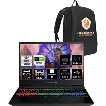 Casper Excalibur G7701245BVJ0XBP406 Harici GeForce RTX 3050 Intel Core i5 12450H 12 GB Ram 256 GB SSD 15.6 inç Full HD Windows 11 Pro Oyuncu Laptop + PER4 Çanta