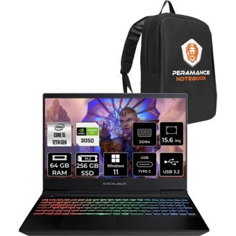 Casper Excalibur G7701245BVJ0XBP396 Harici GeForce RTX 3050 Intel Core i5 12450H 64 GB Ram 256 GB SSD 15.6 inç Full HD Windows 11 Home Oyuncu Laptop + PER4 Çanta