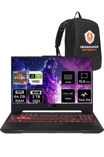 Asus TUF Gaming R5 LP158 Harici GeForce RTX 4050 AMD Ryzen 5 7535HS 64 GB Ram 2 TB SSD 15.6 inç Full HD FreeDos Oyuncu Laptop + PER4 Çanta