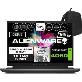 Dell Alienware M16 R1 AWM16I7X60WH05 Harici GeForce RTX 4060 Intel Core i7 13700HX 32 GB DDR5 Ram 512 GB SSD 16 inç QHD Windows 11 Home Oyuncu Laptop + Zetta Çanta