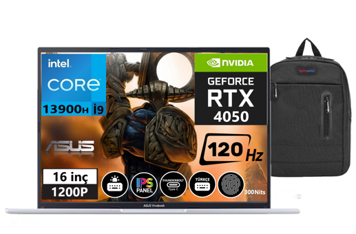 Asus Vivobook 16X K3605VU-N115734 Harici GeForce RTX 4050 Intel Core i9 13900H 48 GB Ram 512 GB SSD 16 inç Full HD Windows 11 Pro Oyuncu Laptop + Zetta Çanta