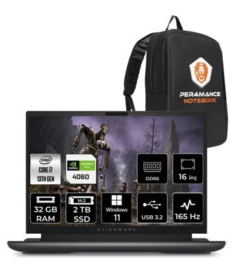 Dell Alienware M16 Harici GeForce RTX 4060 Intel Core i7 13700HX 32 GB Ram 2 TB SSD 16 inç QHD Windows 11 Pro Oyuncu Laptop + PER4 Çanta