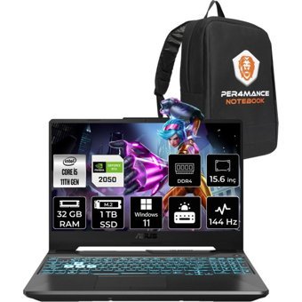 Asus TUF Gaming F15 HN028P428 Harici GeForce RTX 2050 Intel Core i5 11400H 34 GB Ram 1 TB SSD 15.6 inç Full HD Windows 11 Pro Oyuncu Laptop + PER4 Çanta