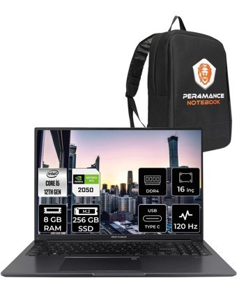 Asus Vivobook 16X K3605ZF N1159 Harici GeForce RTX 2050 Intel Core i5 12450H 8 GB Ram 256 GB SSD 16 inç Full HD FreeDos Oyuncu Laptop + PER4 Çanta