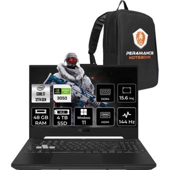 Asus TUF Gaming F15 HN009P395 Harici GeForce RTX 3050 Intel Core i7 12700H 48 GB Ram 4 TB SSD 15.6 inç Full HD Windows 11 Home Oyuncu Laptop + PER4 Çanta