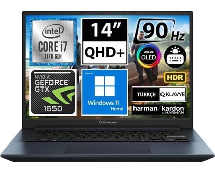 Asus Vivobook K3400PH-KM329W Harici GeForce GTX 1650 Intel Core i7 11370H 16 GB Ram 512 GB SSD 14 inç QHD Windows 11 Home Oyuncu Laptop
