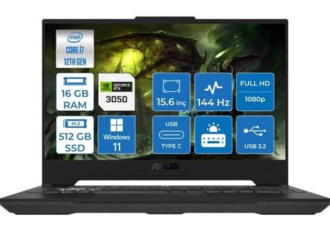 Asus TUF Gaming F15 FX507ZC4-HN00803 Harici GeForce RTX 3050 Intel Core i7 12700H 16 GB Ram 512 GB SSD 15.6 inç Full HD Windows 11 Pro Oyuncu Laptop