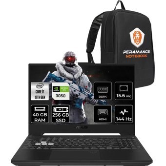 Asus TUF Gaming F15 HN008P336 Harici GeForce RTX 3050 Intel Core i7 12700H 40 GB Ram 256 GB SSD 15.6 inç Full HD FreeDos Oyuncu Laptop + PER4 Çanta