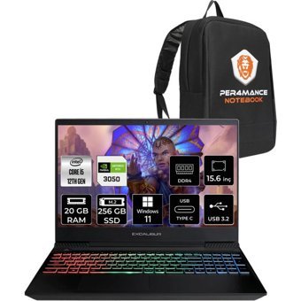 Casper Excalibur G7701245BVJ0XBP366 Harici GeForce RTX 3050 Intel Core i5 12450H 20 GB Ram 256 GB SSD 15.6 inç Full HD Windows 11 Home Oyuncu Laptop + PER4 Çanta