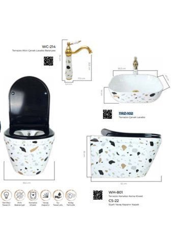 Pure Terrazzo WH-801 30 cm Plastik Kanalsız Arkadan Çıkışlı Gömme Duvara Sıfır Asma Gömme Klozet Siyah + Soft Kapak