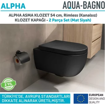 Aqua Bagno Alpha 55 cm Seramik Kanalsız Gömme Duvara Sıfır Asma Gömme Klozet Siyah + Yavaş Kapanan Kapak
