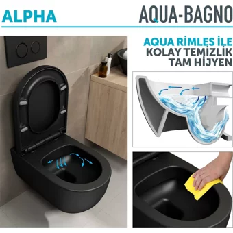 Aqua Bagno Alpha 55 cm Seramik Kanalsız Gömme Duvara Sıfır Asma Gömme Klozet Siyah + Yavaş Kapanan Kapak