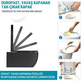 Aqua Bagno Alpha 55 cm Seramik Kanalsız Gömme Duvara Sıfır Asma Gömme Klozet Siyah + Yavaş Kapanan Kapak