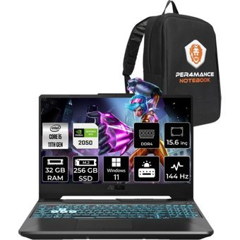 Asus TUF Gaming F15 HN031P376 Harici GeForce RTX 2050 Intel Core i5 11400H 32 GB Ram 256 GB SSD 15.6 inç Full HD Windows 11 Home Oyuncu Laptop + PER4 Çanta