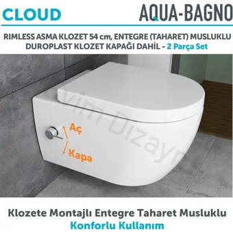 Aqua Bagno Cloud 55 cm Seramik Kanalsız Gömme Duvara Sıfır Asma Gömme Klozet Beyaz