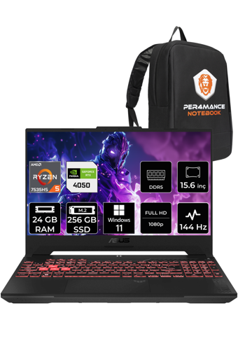 Asus TUF Gaming R5 LP158 Harici GeForce RTX 4050 AMD Ryzen 5 7535HS 24 GB Ram 256 GB SSD 15.6 inç Full HD Windows 11 Pro Oyuncu Laptop + PER4 Çanta