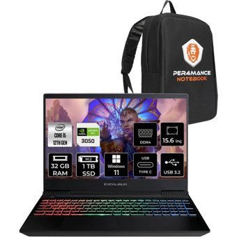 Casper Excalibur G7701245BVJ0XBP378 Harici GeForce RTX 3050 Intel Core i5 12450H 34 GB Ram 1 TB SSD 15.6 inç Full HD Windows 11 Home Oyuncu Laptop + PER4 Çanta