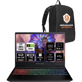 Casper Excalibur G7701245BVJ0XBP438 Harici GeForce RTX 3050 Intel Core i5 12450H 40 GB Ram 1 TB SSD 15.6 inç Full HD Windows 11 Pro Oyuncu Laptop + PER4 Çanta